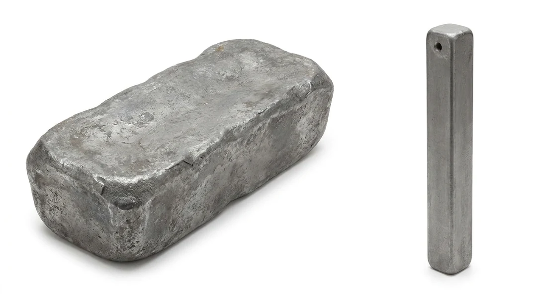 A rough raw lead ingot on the left beside a finished cast-lead sash weight with a drilled cord hole on the right, both on a white background