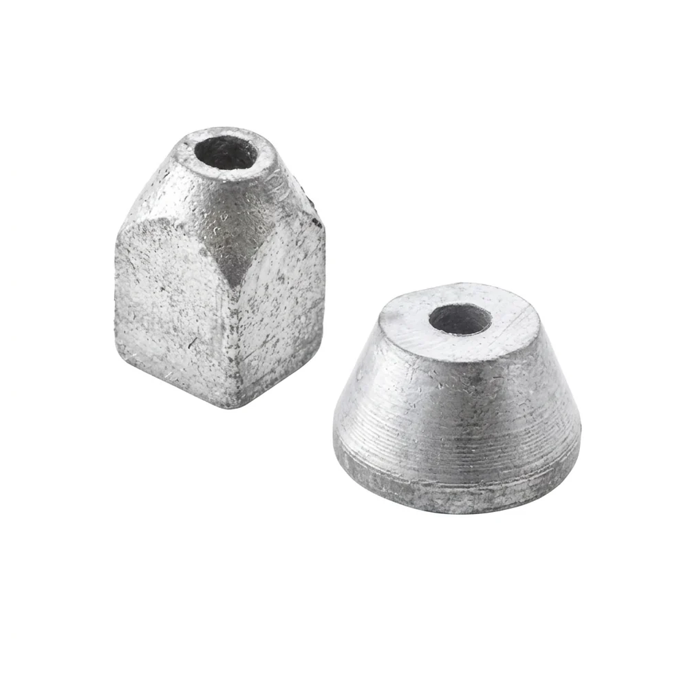 A square cast-lead deflector weight with a chamfered sloping top and a round truncated-cone deflector weight, each with a central cord hole, on a white background