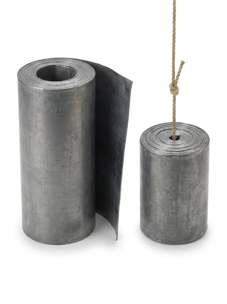 A part-unrolled roll of grey Code 4 lead flashing beside a tightly rolled lead cylinder formed into a sash weight with a sash cord through it, on a white background